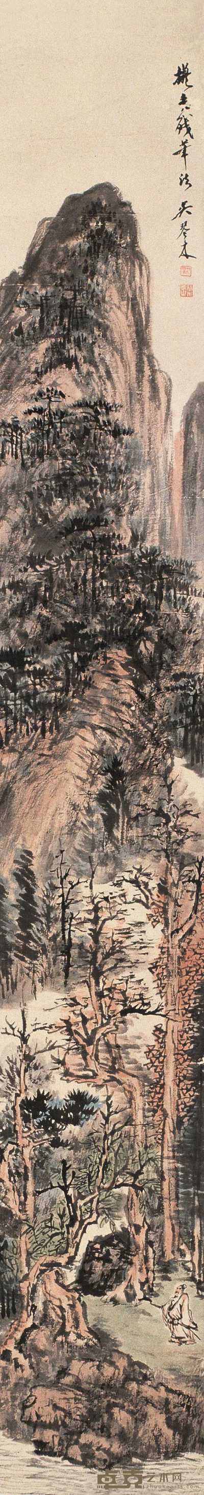 吴琴木 秋山策杖图 轴 137×19cm